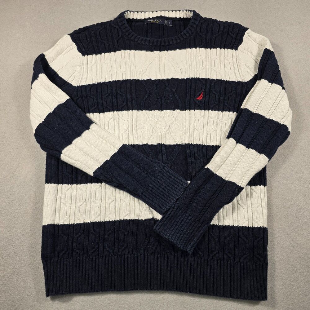 Nautica Men's Large Navy Blue White Stripe Cable Knit Crewneck Sweater Cotton